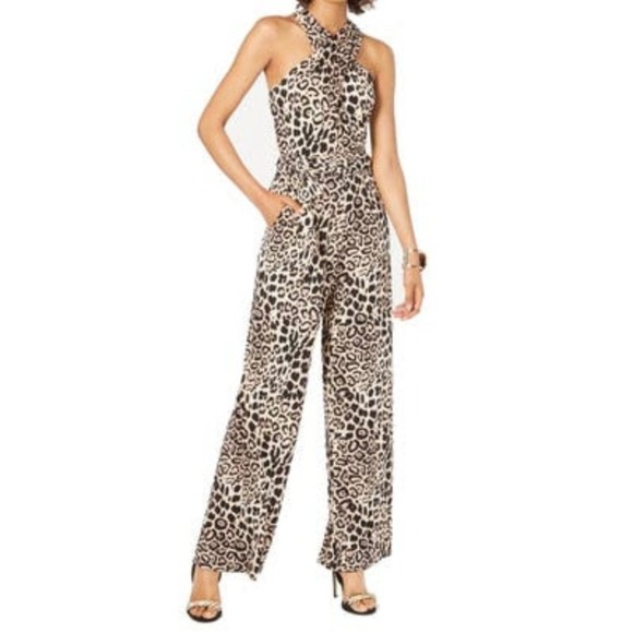 Tahari Arthur S. Levine Women's Leopard Halter Cross Front Wide Leg Jumpsuit 12 - Picture 1 of 15